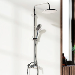 Душевая система Damixa Jupiter, высота 1050-1450 мм, цвет хром, комплект: смеситель/тропический душ круглый (с верхней лейкой)/стойка/лейка/шланг