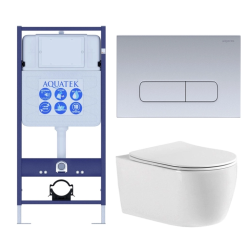 Комплект унитаза с инсталляцией Aquatek Европа (Сет) c сиденьем микролифт, с клавишей смыва (кнопкой, клавишей двойного смыва) хром матовая, комплект крепления