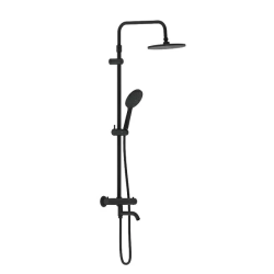 Душевая система Damixa Jupiter, высота 1050-1450 мм, цвет черный матовый, комплект: термостатический смеситель/излив/тропический душ круглый (с верхней лейкой)/стойка/лейка/шланг, латунь/пластик