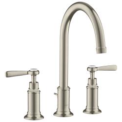 Смеситель для раковины Axor Montreux 180, на 3 отверстия, двухвентильный, с рычаговыми рукоятками, поворотный излив, длина излива 17,5 см, керамический, латунь, цвет шлифованный никель, со сливным гарнитуром