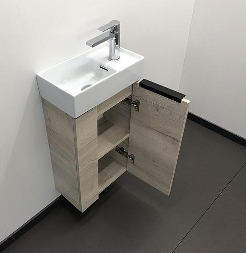Тумба с раковиной Comforty Асти 40, 41х70х22 см, подвесная, 1 распашная дверца, ЛДСП/МДФ, прямоугольная, цвет- дуб дымчатый/раковина CREA 40, прямоугольная, цвет белый, встраиваемая
