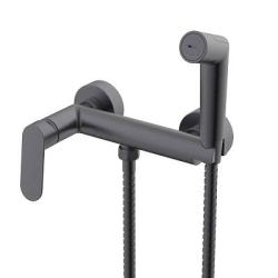 Смеситель с гигиеническим душем Splenka S41.51.09, настенный, однорычажный, керамический, без излива, с гибким шлангом/лейкой, латунь, цвет графит