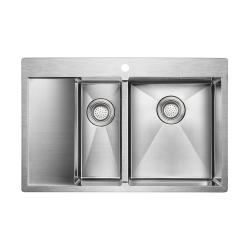 Мойка кухонная Paulmark UNION, 78х51х20 см, две чаши, врезная, нержавеющая сталь, прямоугольная, цвет брашированная сталь, с отверстием под смеситель, с крылом слева, слив-перелив, врезная в столещницу, для кухни
