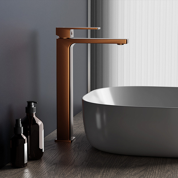 Смеситель для раковины/умывальника Damixa Gala, однорычажный, неповоротный, керамический, высокий, длина излива 150 мм, латунь, цвет розовое золото