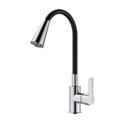 Смеситель для кухни/мойки Splenka S06.43 однорычажный, поворотный/гибкий излив, 2 режима поток воды и душ, керамический, высота 257 мм, длина 211 мм, латунь/силикон, цвет хром/черный