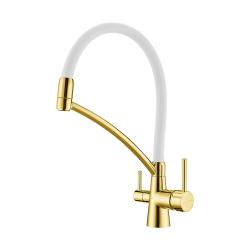 Смеситель для кухни/мойки Paulmark Siegen, с подключением к фильтру/биканальный, однорычажный, поворотный/гибкий излив, керамический картридж, высокий, длина излива 225 мм, латунь, цвет золото/белый