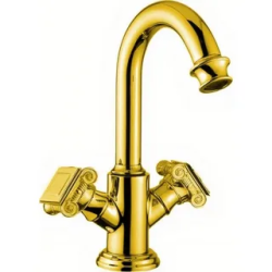 Смеситель для раковины Cezares Aphrodite, двухвентильный, высокий, длина излива 155 мм, поворотный, керамический, латунь, цвет золото 24 карат, с донным клапаном