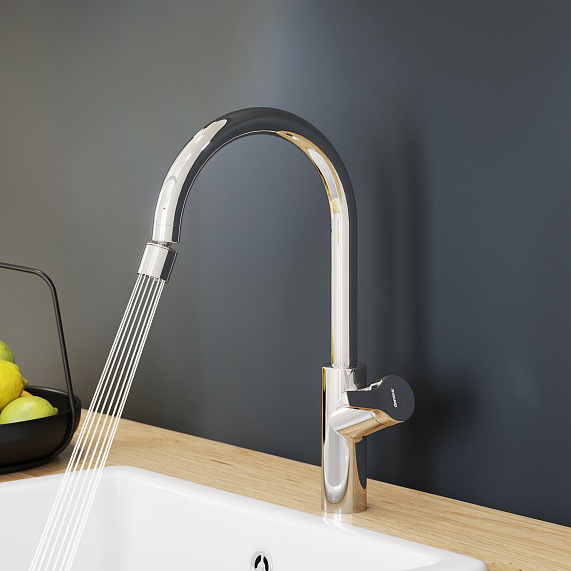 Смеситель для кухни/мойки Damixa Eclipse однорычажный, поворотный, с двухрежимным регулируемым аэратором, керамический, с высоким изливом, длина 200 мм, латунь, цвет хром