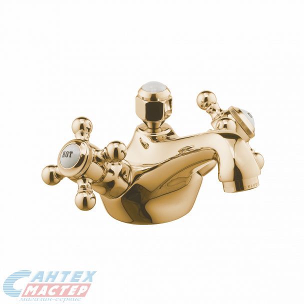 Смеситель для раковины Kludi Adlon двухвентильный, излив короткий, поворотный, керамический, латунь, цвет золото, без донного клапана