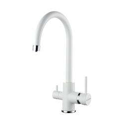 Смеситель для кухни/мойки Paulmark Essen, с подключением к фильтру/биканальный, однорычажный, поворотный излив, керамический картридж, высокий, длина излива 200 мм, латунь, цвет белый матовый