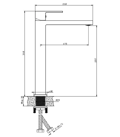 Смеситель для раковины/умывальника Knotlor Stable, высокий, однорычажный, неповоротный, керамический, длина излива 175 мм, латунь, цвет вороненая сталь, матовая