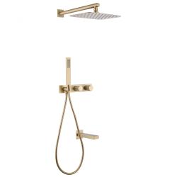 Душевая система ABBER Rund встраиваемая, цвет золото матовое, комплект: вентильный смеситель/излив/тропический душ (с верхней лейкой)/лейка/шланг, внутренний (скрытый) монтаж