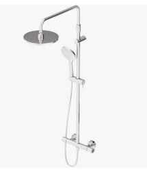 Душевая система Damixa Option, высота 101-146 см, цвет хром, комплект: термостатический смеситель/тропический душ (с верхней лейкой)/стойка/лейка/шланг