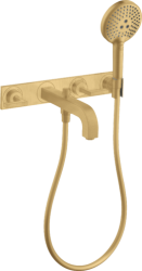 Смеситель для ванны Axor Citterio двухвентильный, с рычаговыми рукоятками, настенный, неповоротный, латунный, длина излива 22,2 см, керамический, цвет шлифованное золото, с душевым шлангом/лейкой/держателем, с панелью, на 3 отверстия