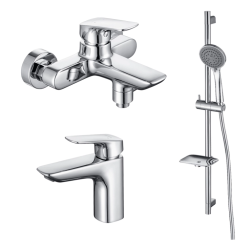 Комплект смесителей Aquatek Вега 3 в 1 хром, смеситель для ванны, раковины, душевой гарнитур, однорычажный