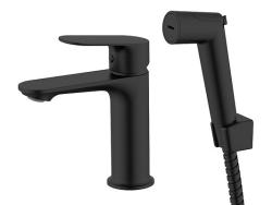Смеситель для раковины/умывальника Voda Shore Black с гигиеническим душем, однорычажный, неповоротный, латунь, длина излива 112 мм, керамический, цвет черный SHR27HB