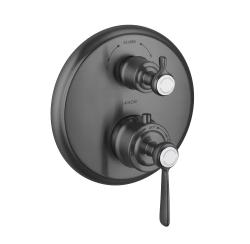 Смеситель для душа Axor Montreux, с запорным/переключающим вентилем, термостатический, с рычаговой рукояткой, скрытого/настенного монтажа, без излива/шланга/лейки, круглый, латунный, цвет шлифованный черный хром