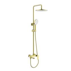 Душевая система Raglo R03.24.03 со смесителем, высота 1065-1565 мм цвет золотой сатин, комплект: однорычажный смеситель/излив/тропический душ круглый (с верхней лейкой)/лейка/стойка/шланг, нержавеющая сталь/латунь
