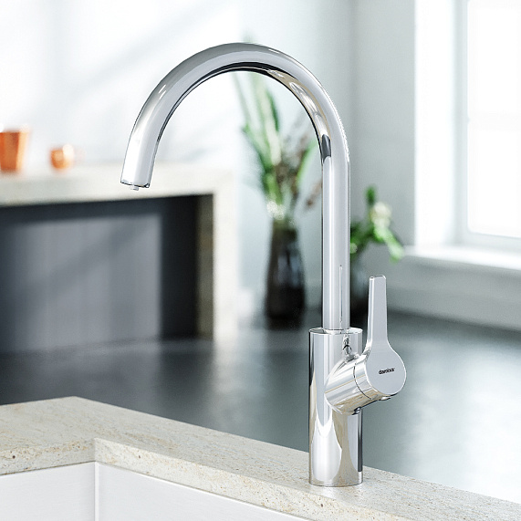 Смеситель для кухни/мойки Damixa Eclipse однорычажный, с каналом питьевой воды, керамический, с высоким изливом, длина 205 мм, поворотный, нержавеющая сталь, цвет хром