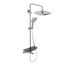 Душевая система Abelsberg Lineara с термостатом, высота 900−1300 мм цвет глянцевый хром, комплект: смеситель/полка для душа/излив/тропический душ прямоугольный (с верхней лейкой)/лейка/стойка/шланг, латунь/ABS-пластик