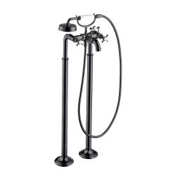 Смеситель для ванны Axor Montreux напольный, двухвентильный, с крестообразными рукоятками, неповоротный, латунный, длина излива 23,4 см, керамический, цвет полированный черный хром, с душевым шлангом/держателем/лейкой