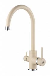 Смеситель для кухни/мойки Paulmark Essen, с подключением к фильтру/биканальный, однорычажный, поворотный излив, керамический картридж, высокий, длина излива 200 мм, латунь, цвет шампань