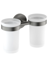 Стакан с держателем Aquatek Европа двойной, с держателем, настенный, латунь/стекло/нержавеющая сталь для зубных щеток в ванную/туалет/душевую кабину, цвет оружейная сталь