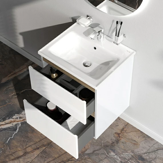 Тумба под раковину AM.PM X-Joy 55, 525x445x600 мм, подвесная, цвет белый, 2 выдвижных ящика, шкаф/шкафчик навесной, под раковину/умывальник, прямоугольная, правая/левая, универсальная