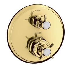 Смеситель для душа Axor Montreux Ecostat E, с запорным вентилем, термостатический, с крестообразной рукояткой, скрытого/настенного монтажа, без излива/шланга/лейки, круглый, латунный, цвет полированное золото, с термостатом