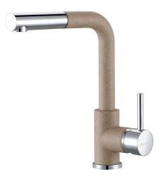 Смеситель для кухни/мойки Paulmark Kassel, однорычажный, поворотный, керамический картридж, высокий, выдвижной излив, длина излива 187 мм, латунь, цвет песочный/хром