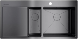 Мойка кухонная Omoikiri Akisame 100-2-GM-R, две чаши, 51х100 см, врезная, из нержавеющей стали, прямоугольная, цвет вороненая сталь, с отверстием под смеситель, с крылом слева, слив-перелив, врезная в столещницу, для кухни