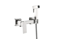 Смеситель с гигиеническим душем Haiba, настенный, однорычажный, керамический, без излива, с гибким шлангом/лейкой, нержавеющая сталь, цвет сталь