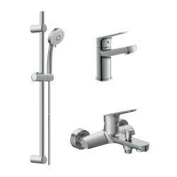Комплект смесителей Cersanit с душевым гарнитуром для ванной 3 в 1: смеситель для раковины и ванны FLAVIS и душевой гарнитур VIBE, однорычажный, излив короткий, фикстрованный, керамический, латунь, нержавеющая сталь