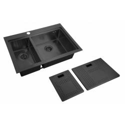 Мойка кухонная ZorG Master, 78х52х20 см, две чаши, с накладками, нержавеющая сталь, прямоугольная, цвет: графит, с отверстием под смеситель, без крыла, правосторонняя, слив-перелив, врезная