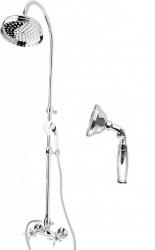 Душевая система Cezares Nostalgia, высота 890-1290 мм, цвет хром, комплект: двухвентильный смеситель/тропический душ (с верхней лейкой)/стойка/лейка/шланг, наружного монтажа