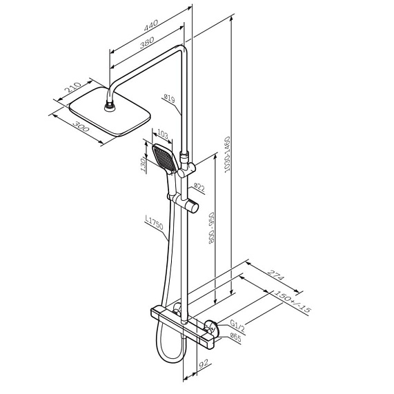 Душевая система AM.PM Func, высота 1030-1460 мм, цвет черный матовый, комплект: термостатический смеситель/тропический душ (с верхней лейкой)/стойка/лейка/шланг, латунь/нержавеющая сталь/пластик