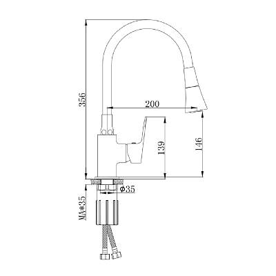 Смеситель для кухни/мойки Splenka S41.43.09 однорычажный, поворотный/гибкий излив, 2 режима поток воды и душ, керамический, высота 146 мм, длина 200 мм, латунь/силикон, цвет графит/черный