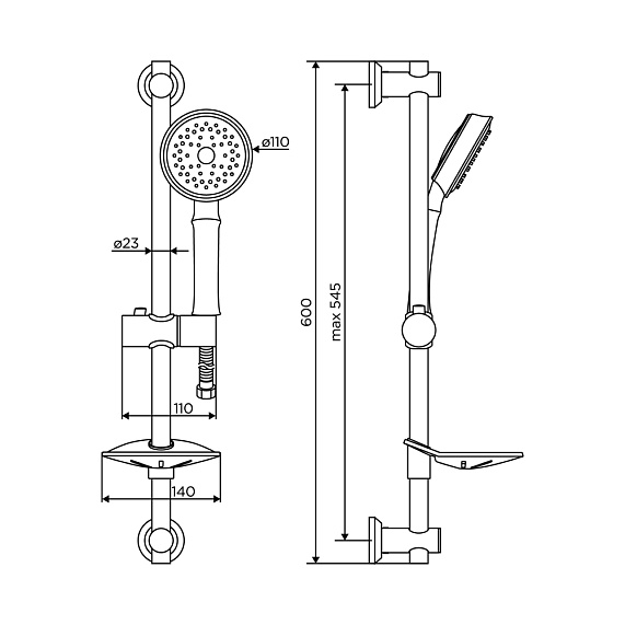 Душевой гарнитур Dorff Classic высота 600 мм, цвет хром, без смесителя, комплект: стойка/лейка/шланг/мыльница, настенная, латунь/пластик
