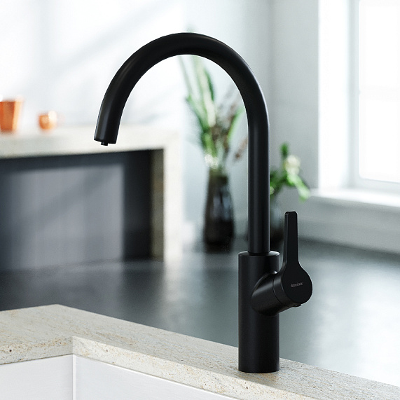 Смеситель для кухни/мойки Damixa Eclipse однорычажный, с каналом питьевой воды, керамический, с высоким изливом, длина 205 мм, поворотный, нержавеющая сталь, цвет черный