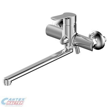 Смеситель для ванны/душа Zenta Фиеста однорычажный, керамический, настенный, излив поворотный 300 мм, с гибким шлангом, душем/лейкой, латунь, цвет хром, длинный, универсальный, горизонтальный, рычажный, кран, комплект, сантехника, размер