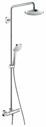Душевая система Hansgrohe Croma Select Е Showerpipe 180 2jet EcoSmart, высота 114,1 см, цвет хром/белый, комплект: верхний душ/ручной душ/термостат для душа/штанга для душа/держатель для душа/душевой шланг, наружного монтажа, настенная, латунная/плас