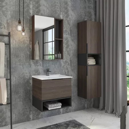 Тумба с раковиной Comforty Франкфурт 60, 61х54х46,5 см, подвесная, 1 выдвижной ящик/открытая полка, ЛДСП, прямоугольная, цвет- дуб шоколадно-коричневый/раковина COMFORTY 60E,  прямоугольная, цвет белый, встраиваемая