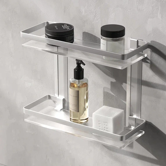 Полка стеклянная AM.PM Sense L, двухъярусная, настенная, алюминий/стекло, форма прямоугольная, цвет: серебро, в ванную/туалет/душевую кабину