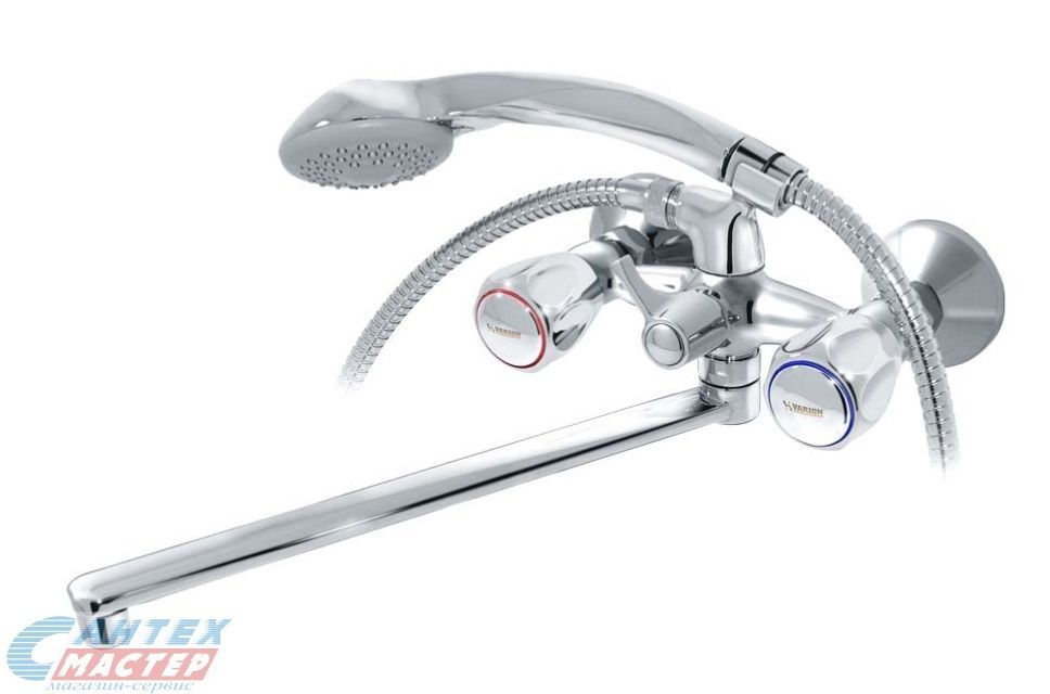Смеситель для ванны/душа Варион Парма двухвентильный, резиновый, настенный, излив поворотный 400 мм, с гибким шлангом, душем/лейкой, латунь хром, длинный, универсальный, горизонтальный, вентильный, кран, комплект, сантехника, размер