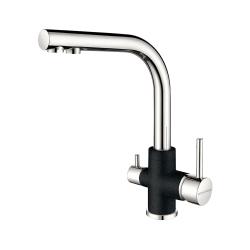 Смеситель для кухни/мойки Paulmark Essen, с подключением к фильтру/биканальный, однорычажный, поворотный излив, керамический картридж, высокий, длина излива 197 мм, латунь, цвет черный/хром