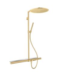 Душевая система Axor ShowerSolutions Showerpipe 800 1jet, высота 104,4 см, цвет: шлифованное золото, комплект: верхний душ/термостат для душа/ручной душ/штанга для душа/держатель для душа, наружного монтажа, настенная, латунная