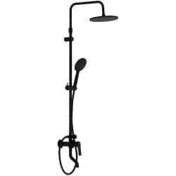 Душевая система Damixa Jupiter высота от 1050-1450 мм цвет черный матовый, комплект: однорычажный смеситель/поворотный излив/тропический душ (с верхней лейкой)/стойка/лейка/шланг, наружного монтажа