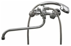 Смеситель для ванны/душа Ledeme H09 двухвентильный, керамический, настенный, излив поворотный 300 мм, с гибким шлангом, душем/лейкой, латунь хром, длинный, универсальный, горизонтальный, вентильный, кран, комплект, сантехника, размер, характеристики