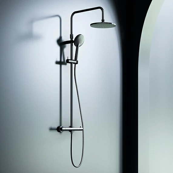 Душевая система Damixa Option, высота 1030-1460 мм, цвет черный матовый, комплект: термостатический смеситель/тропический душ круглый (с верхней лейкой)/стойка/лейка/шланг