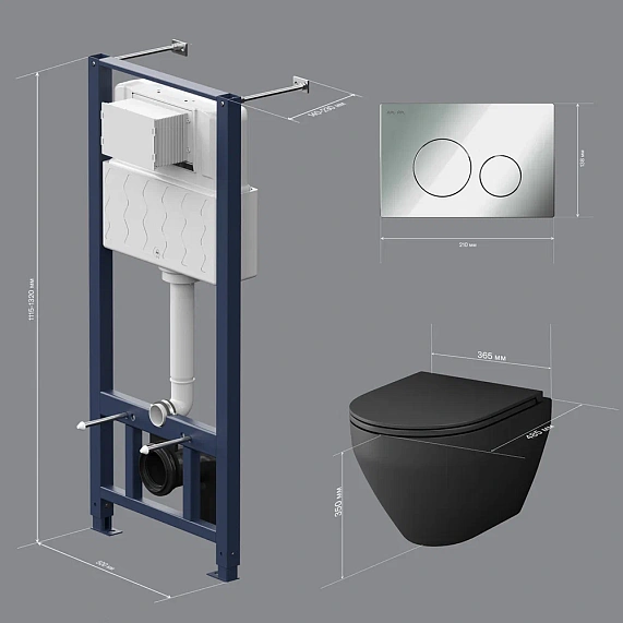 Комплект унитаза с инсталляцией AM.PM Spirit V2.0, черный, c сиденьем микролифт, с пневматической клавишей цвет хром (кнопкой, клавишей двойного смыва), система для подвесного унитаза, со скрытым смывным бачком (бак), с подвесным унитазом